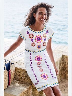 Boden White Shift Top with Blue and Yellow Embroidery